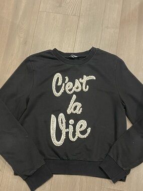 Fashion Nova Black Pearl-Embellished 'C'est la Vie' Crewneck Sweater